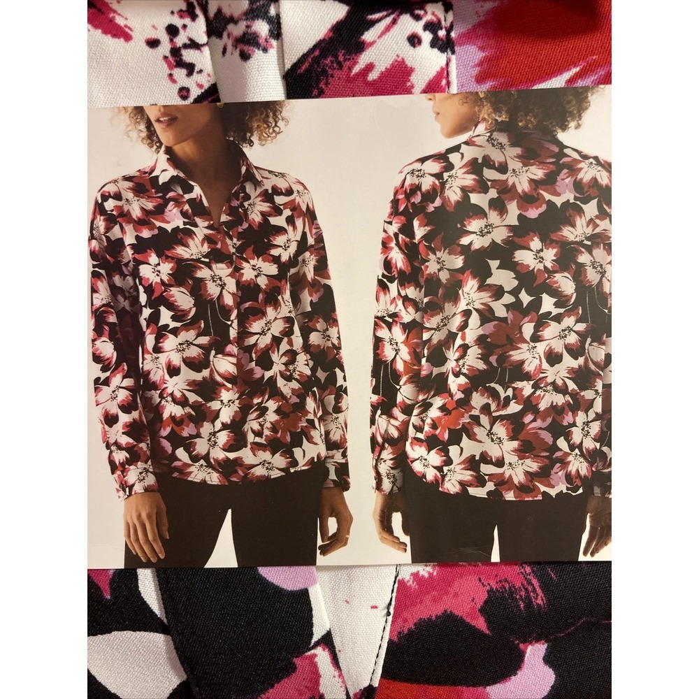 Rafaella Womens Woven Popover Blouse Medium Fresh Bouquet Floral Crepe Top